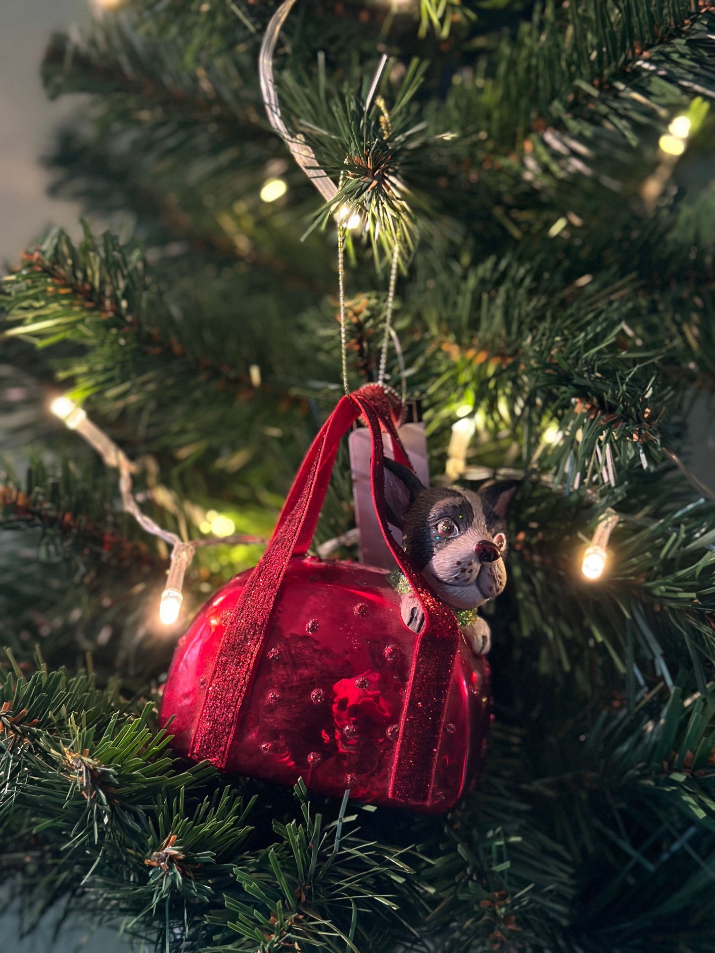 Kerstornament Hond in tas - Christmas Carol
